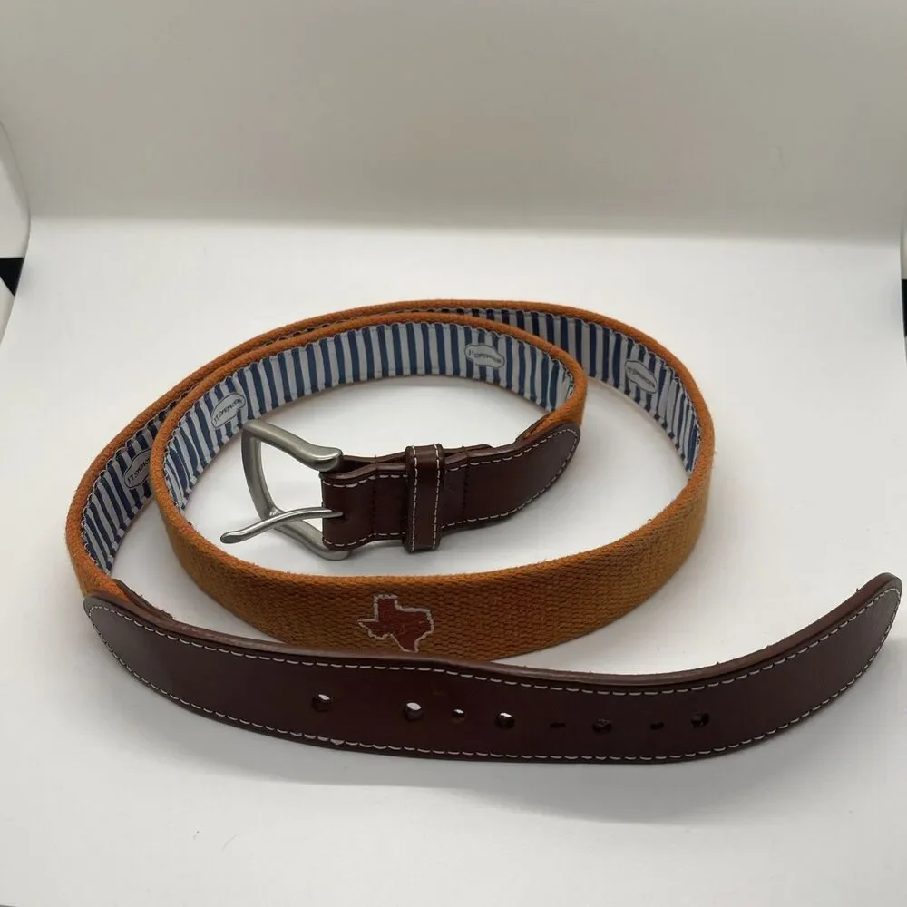 JT SPENCER Embroidered Belt Leather Canvas Brass Size 44 preppy Texas Orange